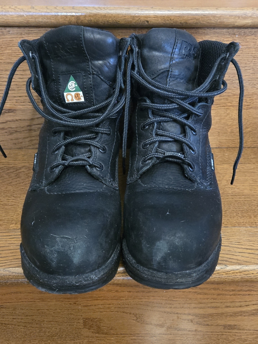 Timberland Black Leather Alloy Toe Work Boots with Safety Decal